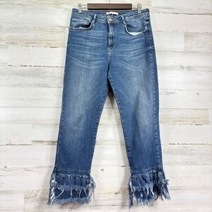 Zara Trafaluc Denimwear Jeans Womens Blue Double Fringe Frayed Hem Cropped Sz 10